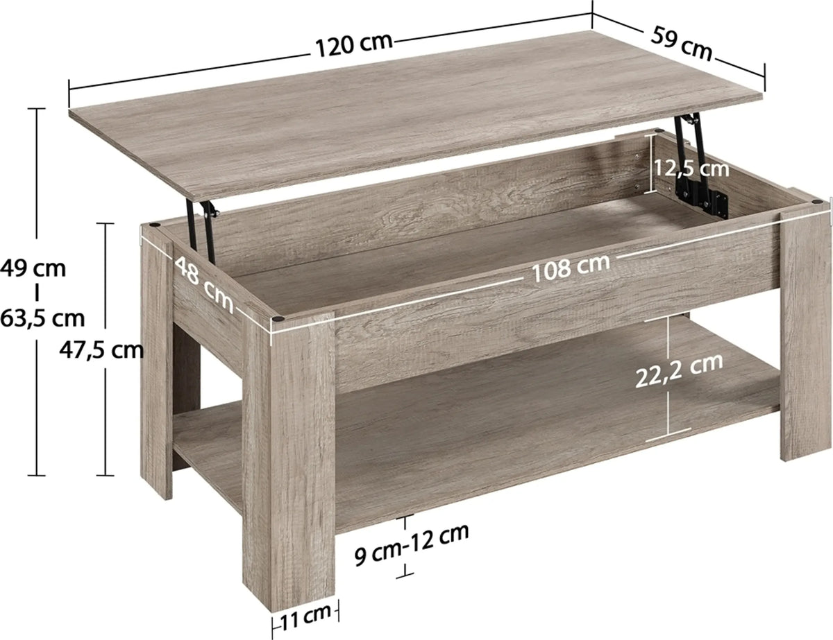 Yaheetech Couchtisch mit Lift-Top-Funktion - Mit versteckter Ablage und verstellbarem unteren Regal und Federmechanismus - Für Wohnzimmer und Arbeitszimmer - Grau Mdf und Metall - 120 x 59 x 49,5-63,5 cm