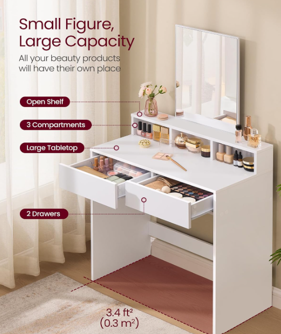 VASAGLE Schminktisch mit Spiegel – 2 Schubladen & 3 Fächer – Weiß – 40 x 80 x 140 cm