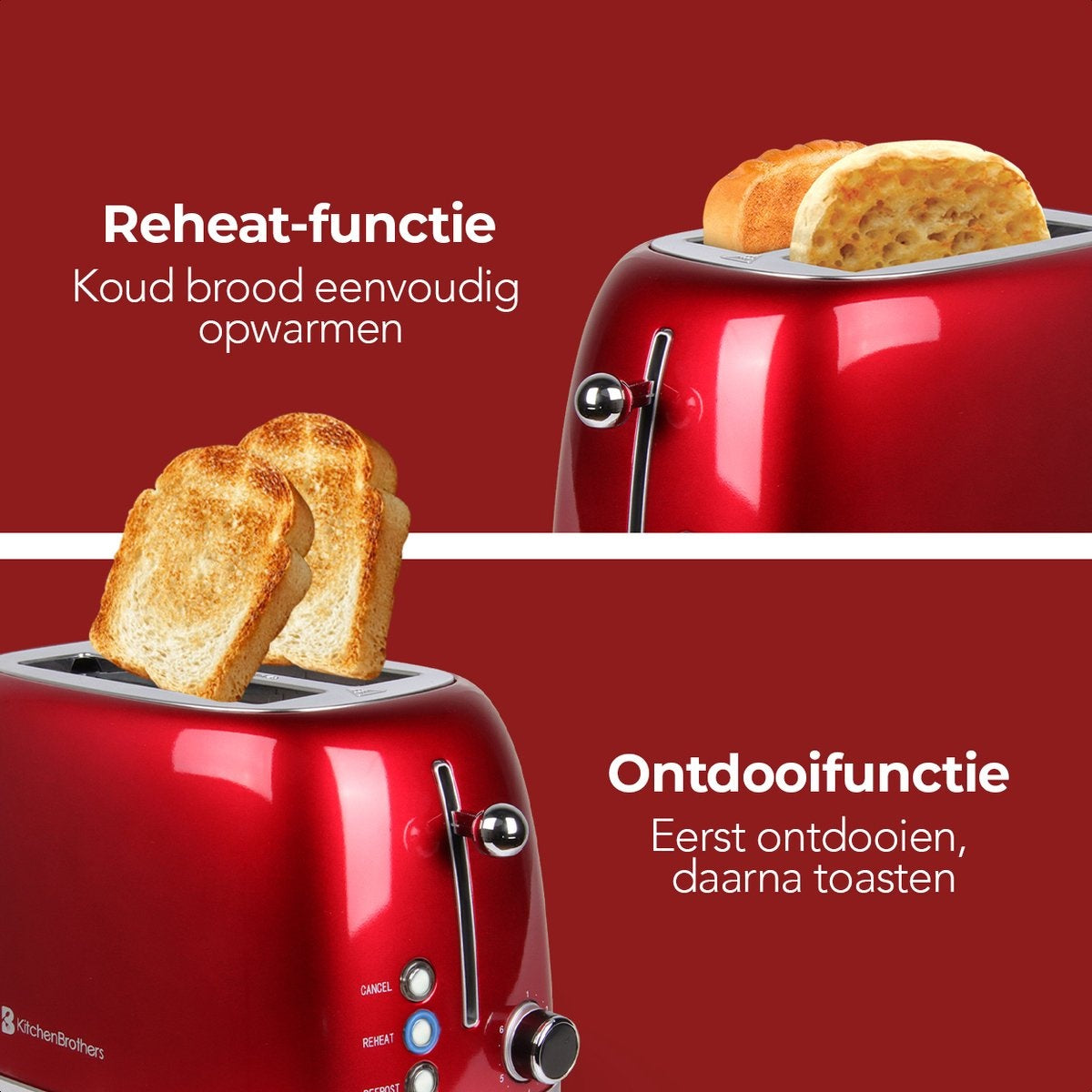 KitchenBrothers Retro-Toaster - 6 Heizstufen - 2 extra breite Schlitze - 1630W - Aufwärm- und Auftaufunktion - Rot