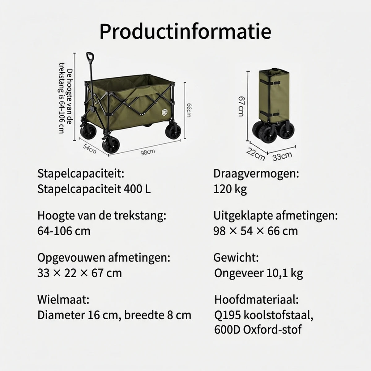Ochama Faltbarer Handwagen – 200 Liter – Geländeräder mit Doppelbremse – Extra groß – Grün