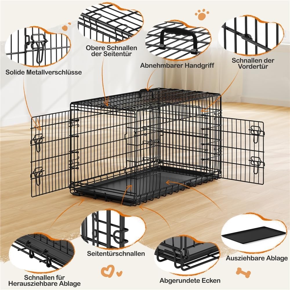 Yaheetech Faltbare Hundebox XL – 107 x 66 x 74,5 cm – 2 Türen mit Trennwand und herausnehmbarem Boden – Schwarz