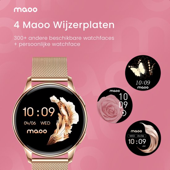 Maoo Ventura AMOLED Smartwatch Damen - Edelstahl und 3x Silikonband - Schrittzähler - Herzfrequenzmesser - Schlafüberwachung - Multisport - Geeignet für Android und iOS - Rose Gold und Pink