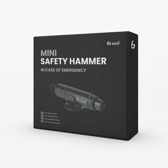 Saaf Mini Safety Hammer - Gurtschneider - Inklusive Testglas - Klebehalter - Notfallhammer - Schwarz