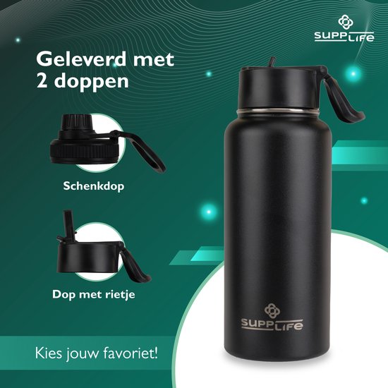 Supplife Luxus-Thermosflasche / Trinkflasche aus Edelstahl – 1 Liter – BPA-frei und auslaufsicher – Trinkflasche mit Strohhalm – Doppelwandige Isolierung – Thermosbecher – Ausgießverschluss und Verschluss mit Strohhalm – Inklusive Reinigungsbürste – Schwa