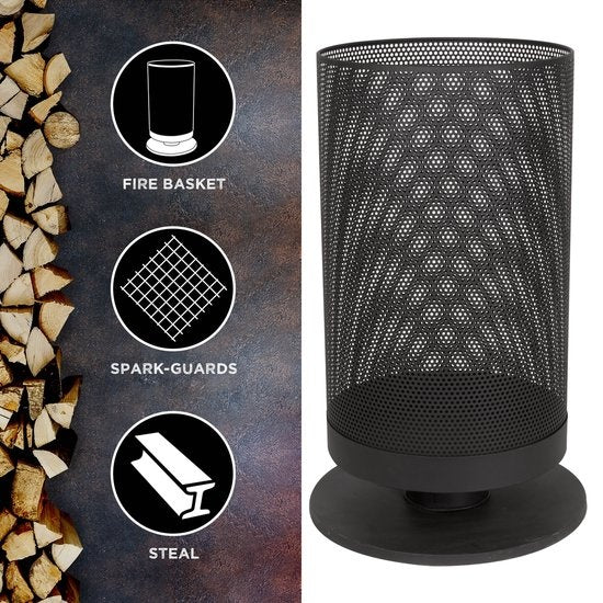 BBQ Collection Feuerkorb mit Funkenschutz - Gartenkamin - 44,5 x 72,5 cm - für Garten und Terrasse - Carbonstahl - schwarz