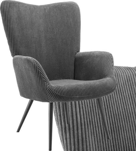 tectake Ohrensessel im skandinavischen Stil - Cord Hygge - Sessel für Wohnzimmer, Schlafzimmer - Loungesessel - Schwarze Metallbeine - Belastbarkeit bis 150 kg - Grau