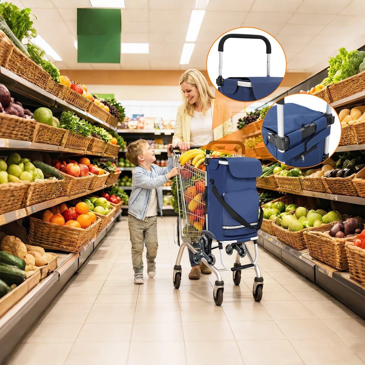 Zusammenklappbarer Einkaufswagen „Traploper“ 60 l – 3-in-1 mit Kühlfach und 6 Rädern – Aluminiumrahmen – Blau – 36 x 42 x 98 cm