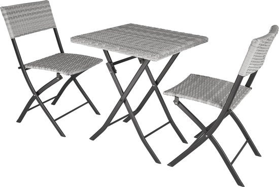 tectake - Balkon- oder Garten-Bistro-Garnitur aus Geflecht, Sitzgruppe mit 2 Stühlen und 1 kleinen Esstisch, platzsparend zusammenklappbar, Gartenmöbel, Balkonmöbel kleiner Balkon - hellgrau