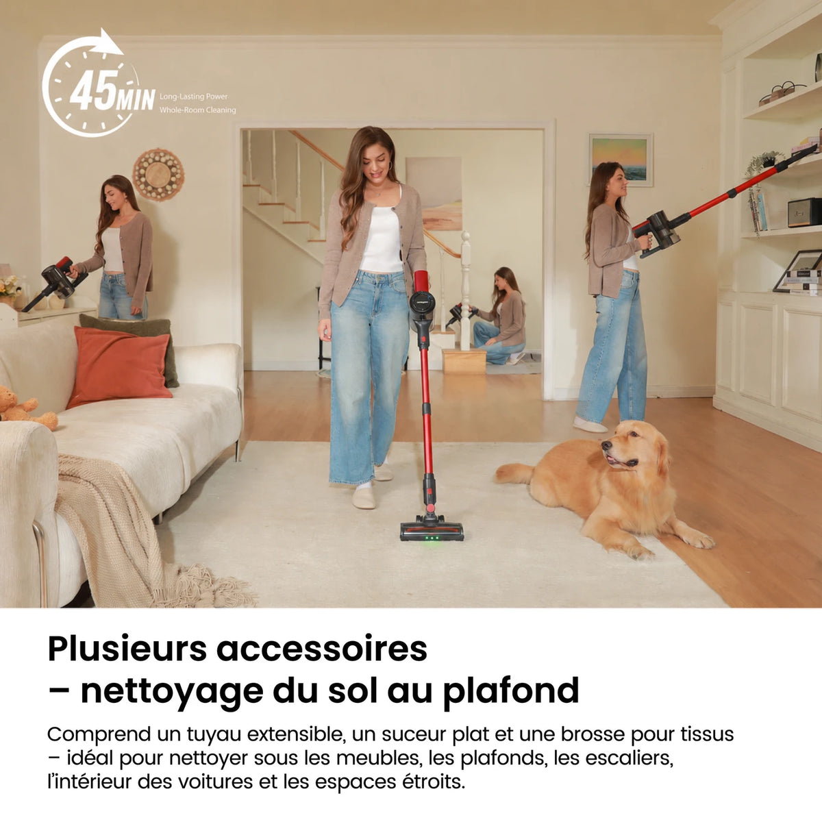 MonsgaClean M100 Akku-Staubsauger – Rot – 55.000 Pa – 45 Min. – 1,8 l – Touchscreen – Anti-Verfilzungsfunktion – Grüne LED