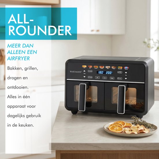 Doppel-Heißluftfritteuse XXL 11 l - PFAS-freie Heißluftfritteuse – Infrarot – Dual Zone – 2 x 5,5 l – 40–200 °C – 8 Kochprogramme – 2850 W – WM-2511 AF – Schwarz