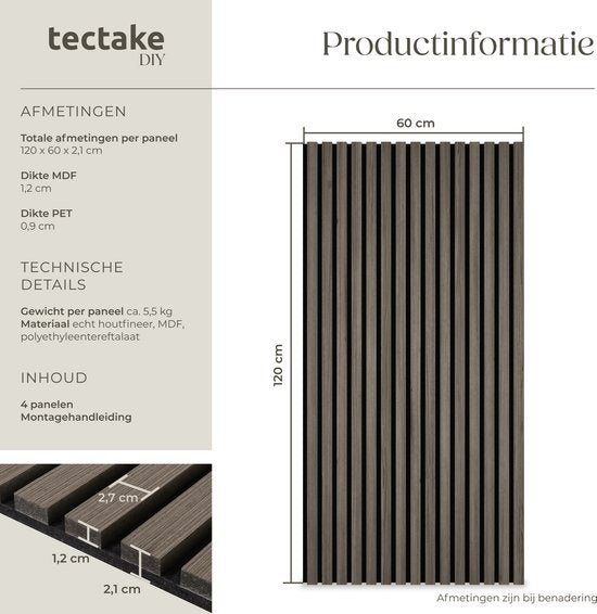 tectake® Akustikplatten – 4er-Set – Akustik-Wandplatte – 50 x 110 cm - 2,2 m² - Wandpaneele mit anpassbarer Größe - Lattenwand aus MDF und Holzfurnier - Schalldämmung - Stilvolle Wanddekoration - Einfache Montage - Eiche-Grau