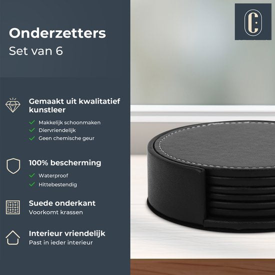 Castagnola Kunstleder-Untersetzer - Untersetzer für Gläser - Design-Untersetzer mit Halterung - Leder-Untersetzer-Set - Leder - 6er-Set - Schwarz mit Naht