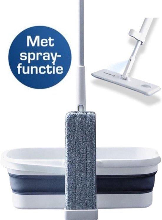 Techweise 4-in-1 Wischsystem mit Spray und klappbarem Eimer mit 2 extra Mikrofasermopps - Wischset mit Sprayfunktion - Bodenwischer - Moppmopp - Moppmopp mit Wringer