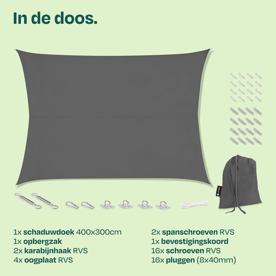VONROC Sonnenschutzplane, rechteckig – 400 x 300 cm – grau – wasserabweisend – UV-Schutz UPF 50+ – inkl. Befestigungsset aus Edelstahl