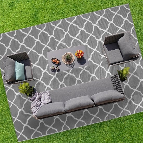 LifeGoods Outdoor-Teppich - 274x350CM - Gartenteppich - Reversibel - Inkl. Tragetasche - Mit Muster - Grau/Weiß