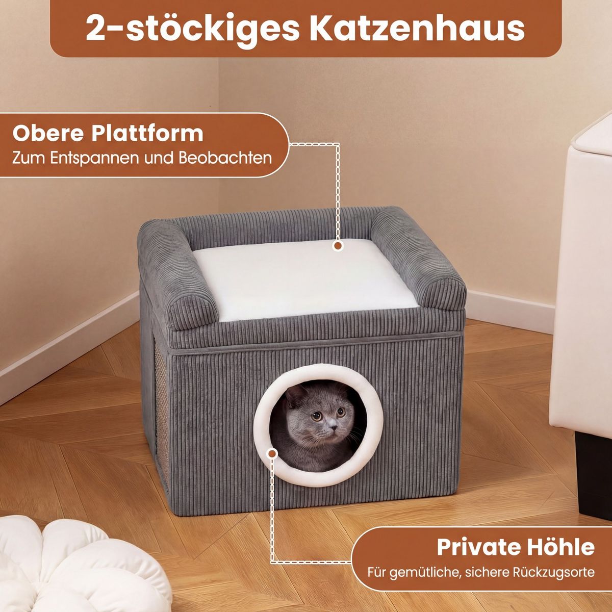 Coast Faltbares Katzenhaus – mit Sisal-Kratzmatte – weiches Kissen und erhöhte Ränder – grau