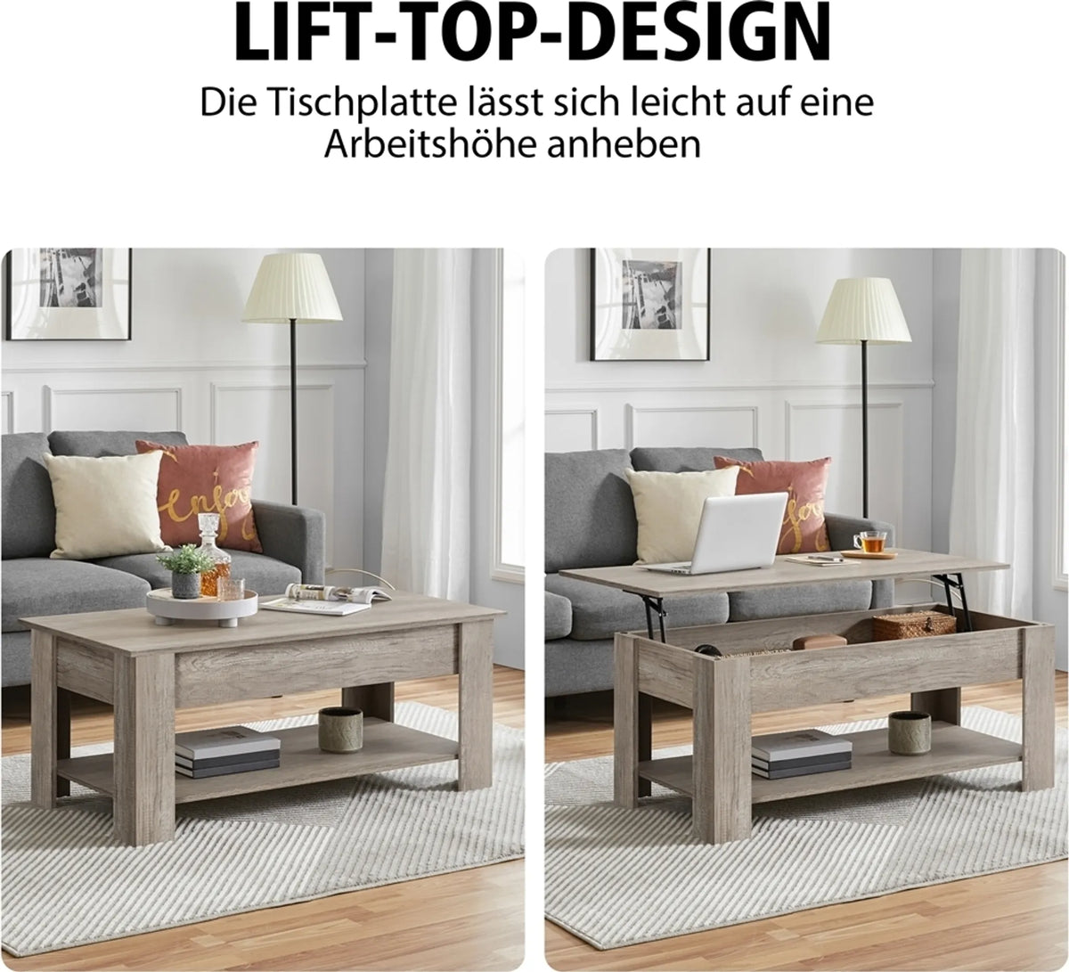 Yaheetech Couchtisch mit Lift-Top-Funktion - Mit versteckter Ablage und verstellbarem unteren Regal und Federmechanismus - Für Wohnzimmer und Arbeitszimmer - Grau Mdf und Metall - 120 x 59 x 49,5-63,5 cm