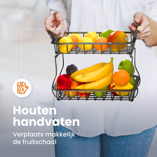 Posity Fruit Bowl 2 Layer - Obstkorb - Obst Etagere - Gemüsekorb - Drahtkorb - Obstregal - Holz & Metall - Schwarz