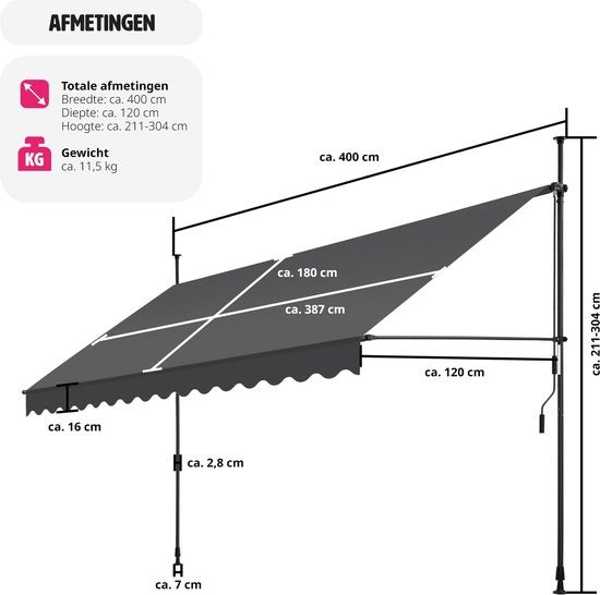 Tectake - Klemmmarkise - 404970 - Verstellbar - 400 x 180 cm - schwarz grau
