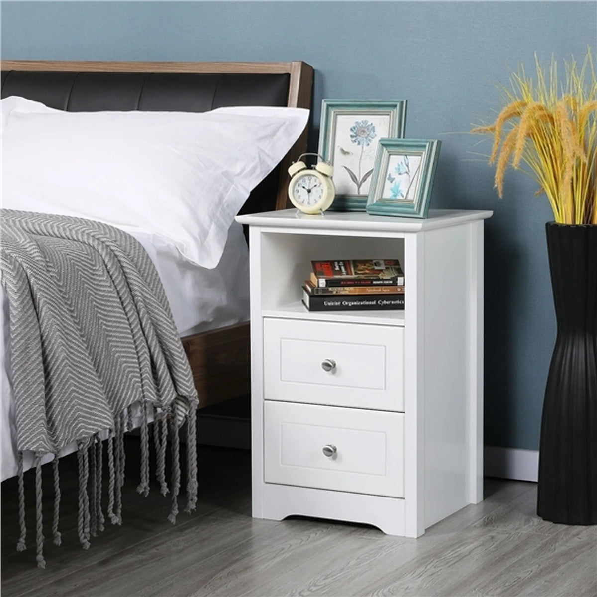 Yaheetech Nachttisch mit 2 Schubladen - 40 x 35 x 60 cm - Mit offener Lagerung und minimalistischem Design und glatten Führungen - Für Schlafzimmer und Wohnzimmer - Weiß E1 MDF