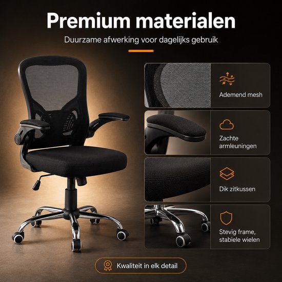 Infinity Goods Ergonomischer Bürostuhl – Office Chair – 4D-Lendenwirbelstütze & Netzbezug – Klappbare Armlehnen – Bis zu 150 kg – NEN-EN1335 – Schwarz