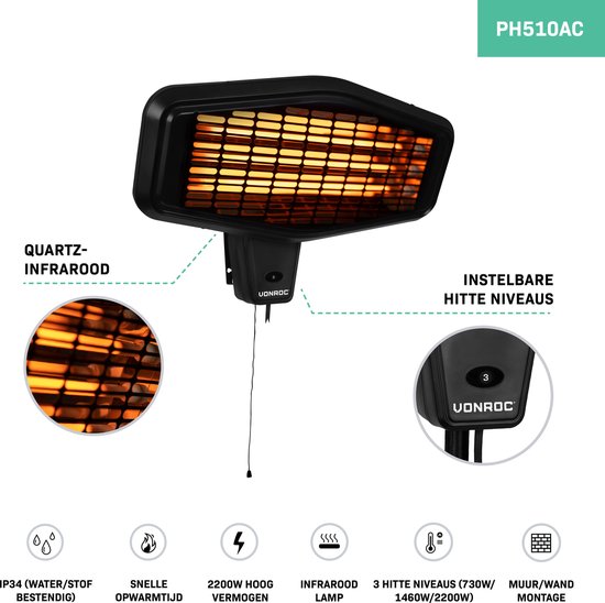 VONROC Atmosphärischer Terrassenstrahler - Amiata 2200W - Leistungsstarke Infrarotlampe - 3 Heizstufen - Zur Wandmontage