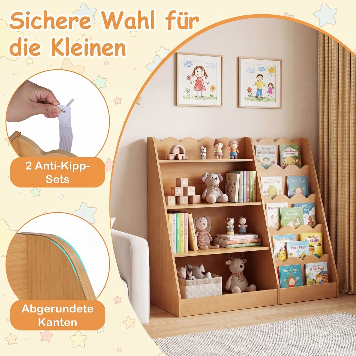 Coast Kinderbücherregal – 4 offene Fächer – verstecktes Staufach – Holz – naturfarben