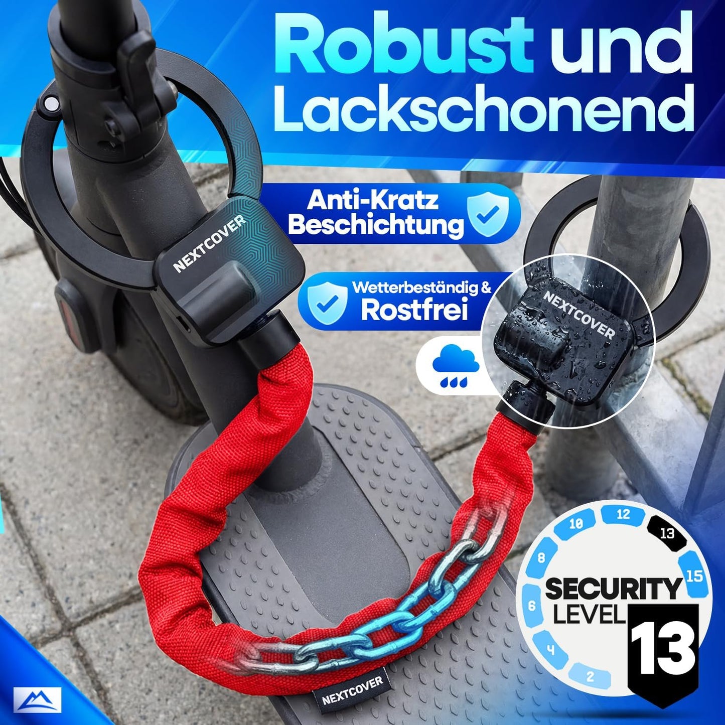Nextcover E-Scooter-Schloss „Steel-Secure“ Kettenschloss – Rot – 25 x 13 x 13 cm – Schlüssel-Schloss für E-Bike und Roller