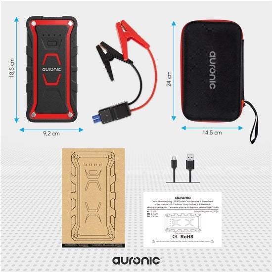 Auronic 12V Jumpstarter für Auto 1000A / 13.000 mAh 4-in-1 Starter Auxiliary - Rot/Schwarz Inklusive Tasche