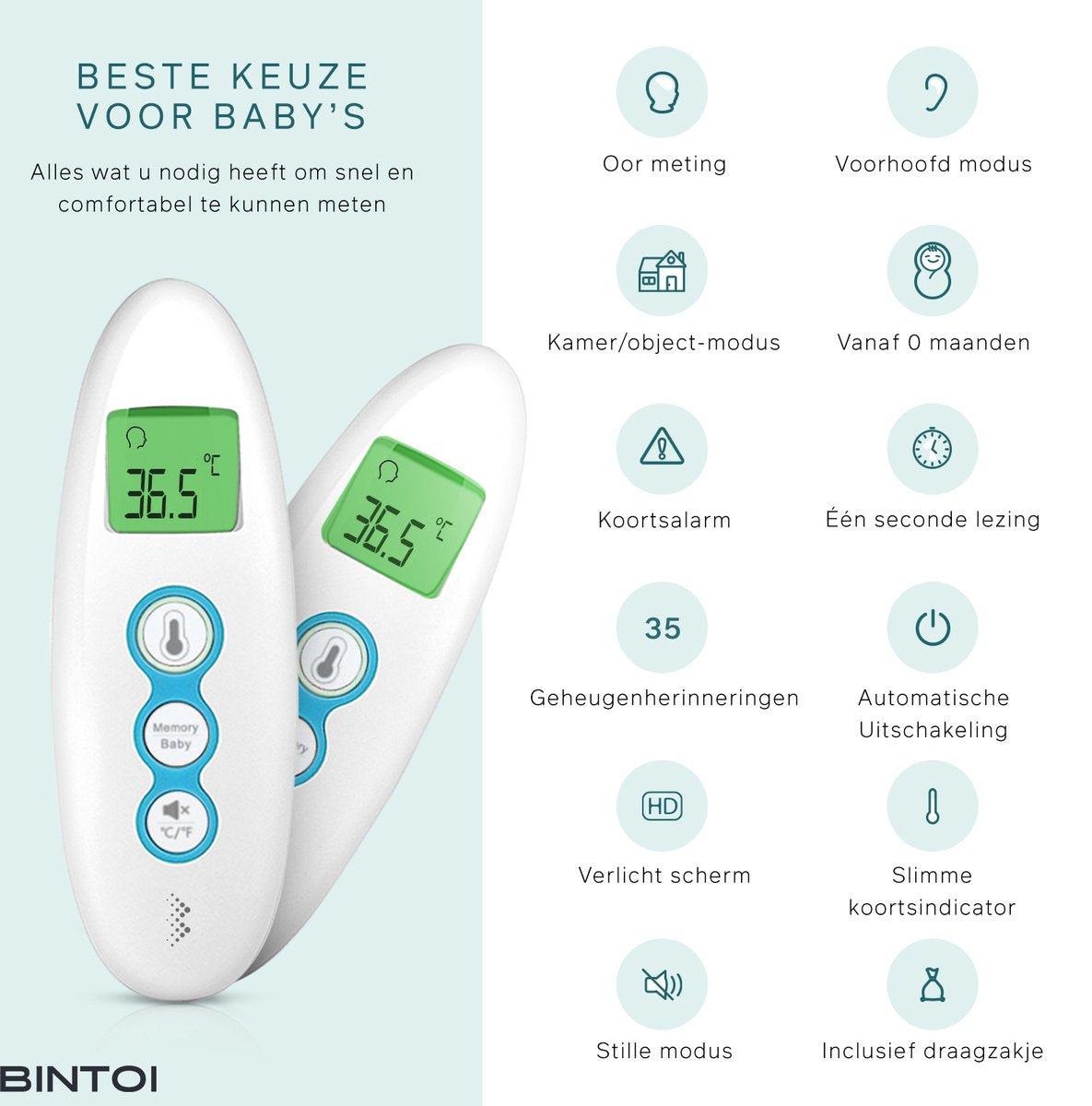 Bintoi® X100 Infrarot-Thermometer - Digitales Ohr- und Stirnthermometer - Fieberthermometer für Babys und Erwachsene - 1-Sekunden-Messung - 3-in-1-Temperaturmesser - inkl. Batterien
