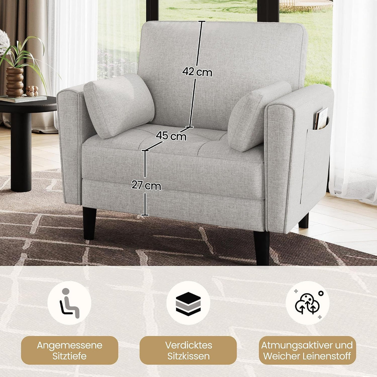 Yaheetech Loveseat-Sofa aus Leinen – Graubeige – 102,5 x 75 x 85,5 cm – Mit 2 Kissen und Seitentaschen