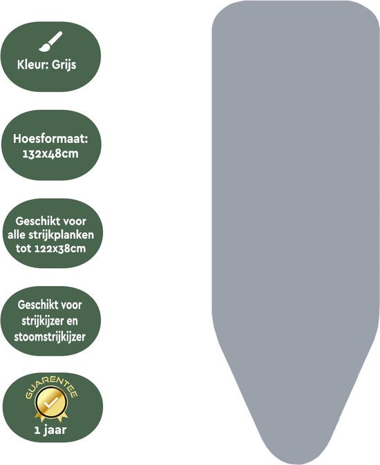 BRASQ Bügelbrettbezug IBC Bügelbrettbezug Grau – Komplettset – 122 x 38 cm – Hochwertige Baumwolle – Universell einsetzbar