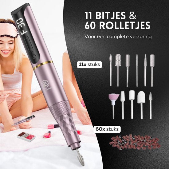 Beeperfect® Cordless Electric Nail File Pro Edition - Nagelfräse - Maniküre- und Pediküre-Set - wiederaufladbar - 11 Bits und 60 Schleifrollen - 30.000 U/min - Pink