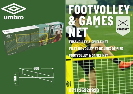 Umbro Sportnet – Spieleset – 168 x 400 cm – 4 Felder – Volleyballnetz – Badminton – Fußvolleyball – Crossnet – Schwarz/Gelb