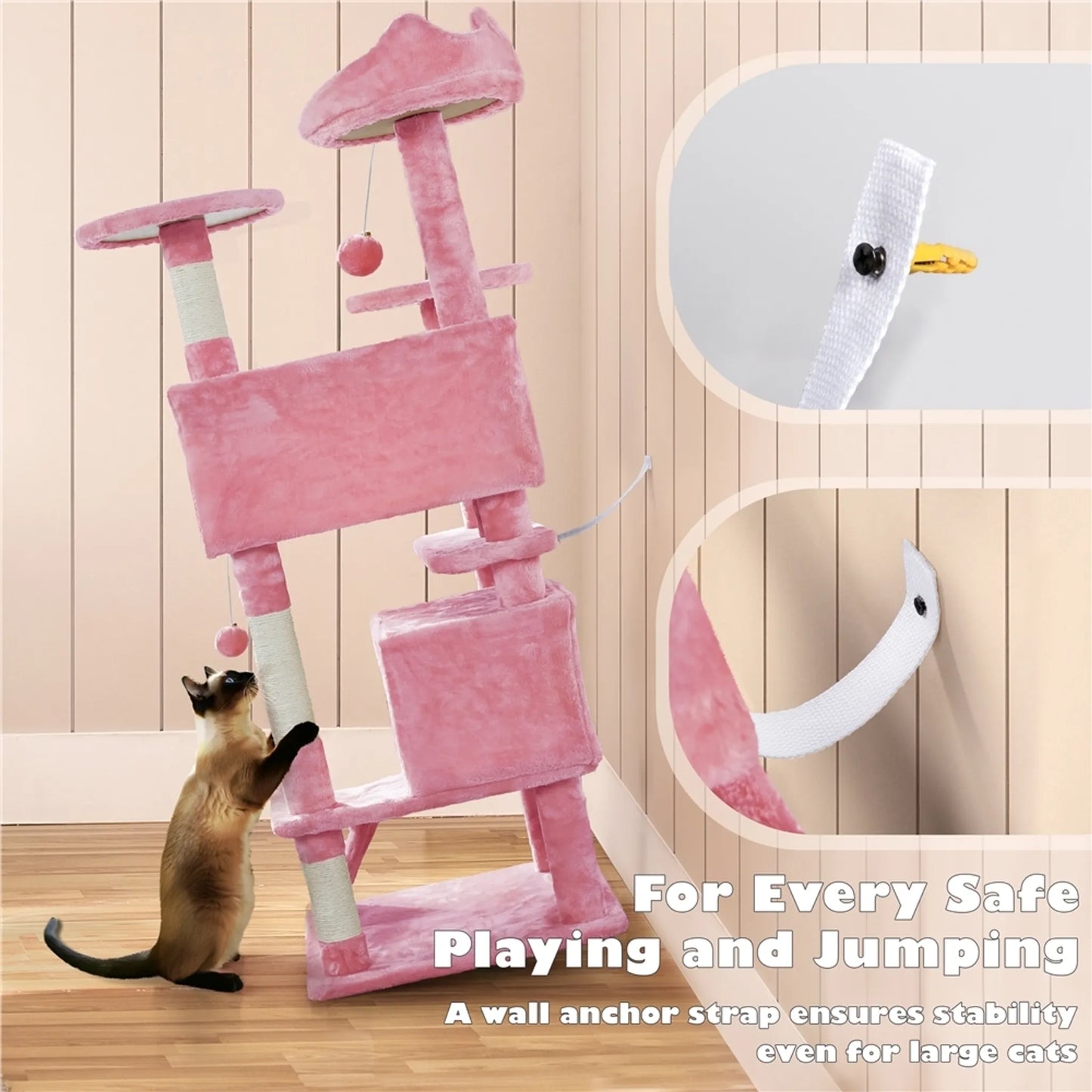 Yaheetech Katzenpfosten mit 3 Aussichtsplattformen - Ausgestattet mit 2 Katzenkörben und Sisalstangen und Spielball mit Glocke - Für Haushalte mit mehreren Katzen - Rosa Plüsch und E1 Spanplatte - 49 x 49 x 139 cm