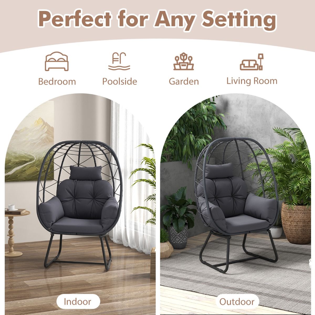 Coast Rotan-Lounge-Sessel – übergroße Eiform – abnehmbares Kissen – grau