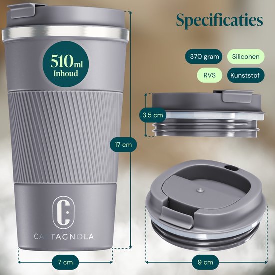 Castagnola Thermobecher – Kaffeebecher zum Mitnehmen – Reisebecher für Kaffee und Tee – Teebecher – 510 ml – Edelstahl – Grau