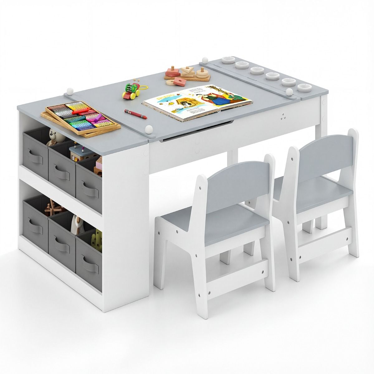 Coast Kinder-Tisch- und Stuhlset – 2-in-1-Zeichentisch mit Stauraum und Papierrolle – grau