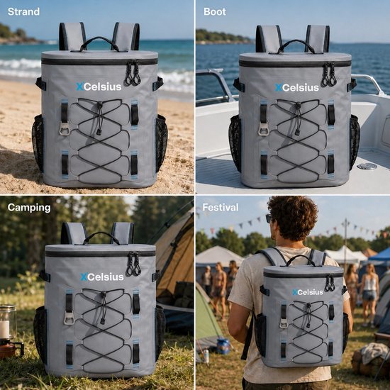XCelsius® Kühltaschen-Rucksack 20 Liter – Kühltaschen-Rucksack mit 2 Kühlelementen und Flaschenöffner – Mindestens 24 Stunden Kühlleistung – 100 % wasserdicht – Kühltaschen-Rucksack für Strand, Festival, Boot und Camping – Grau