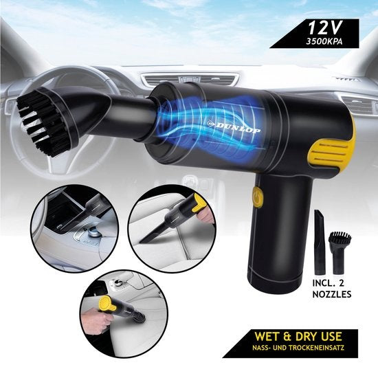 Dunlop Autostaubsauger - 12V Zigarettenanzünder - Nass und trocken - Fugen- und Bürstendüse - 3 Meter Kabel - Autozubehör - Schwarz/Gelb