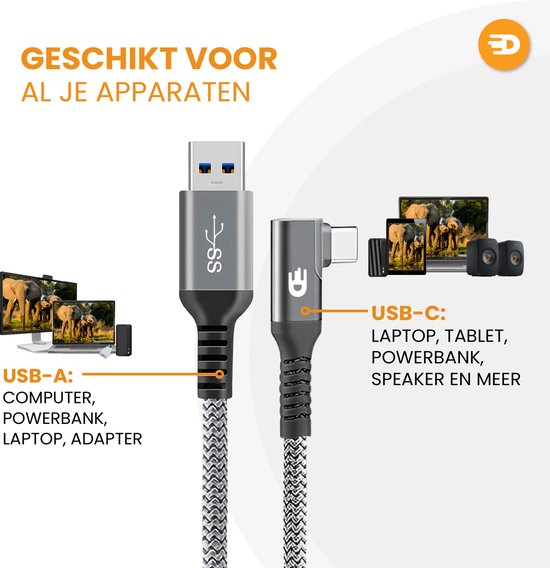 Drivv. USB-auf-USB-C-Kabel - Gewinkelt - Modell 2024 - USB-C-Daten- und Ladekabel - Schnelles Laden / Schnelles Aufladen - 1,5 Meter kurz - Geeignet für Samsung, iPhone 15 und mehr - Grau