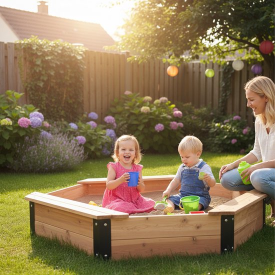 AXI Onno XL Sandkasten 150 x 150 x 23 cm in Braun/Anthrazit – Mit Sitzbänken – Mit Schutzhülle – 100 % FSC-zertifiziertes Zedernholz – Großer Sandkasten für Kinder
