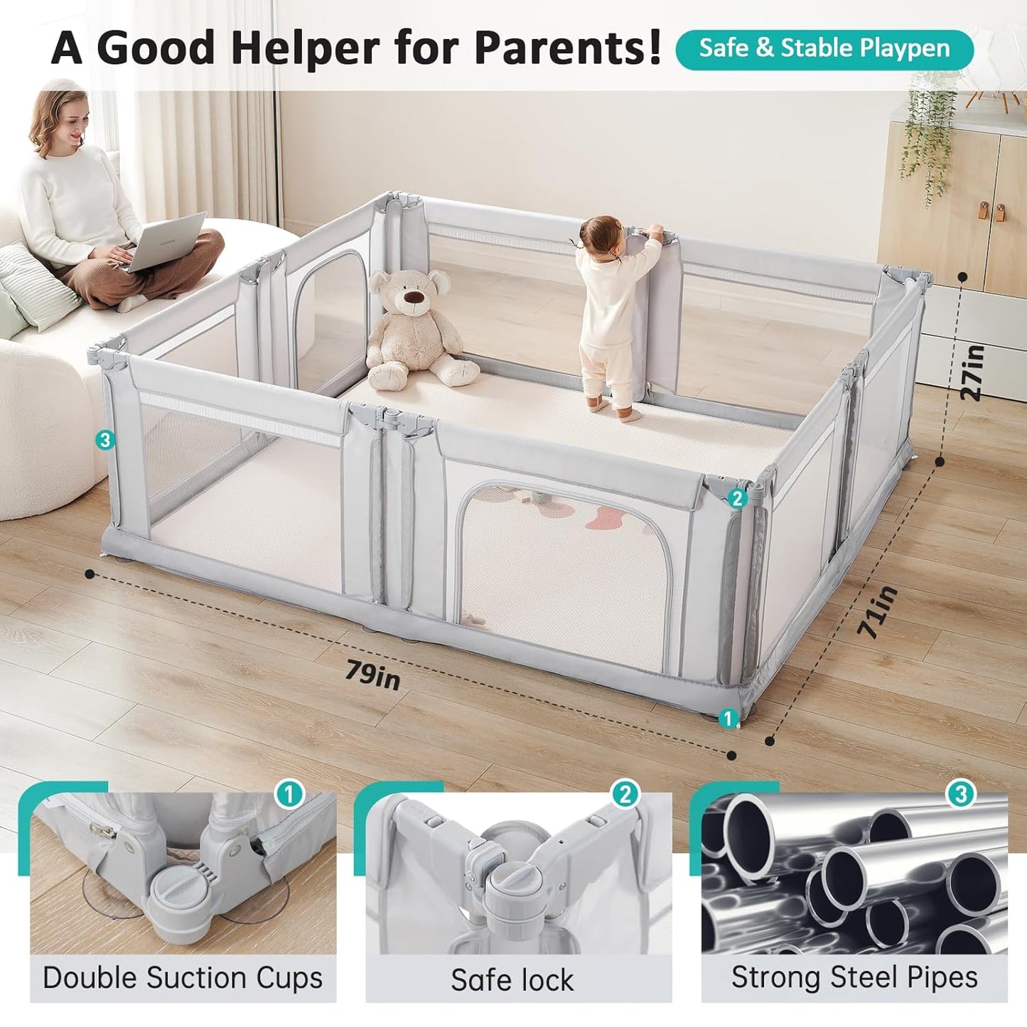 Dora Dotey Babybox Hellgrau – 8 Elemente – 200 x 180 x 69 cm – zusammenklappbar