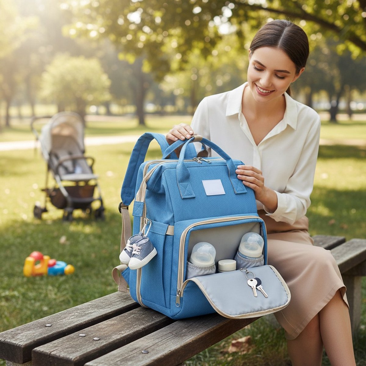 Qwali Wickeltasche, ausziehbar zum Bettchen – 7 Flaschenhalter – Blau-Grau