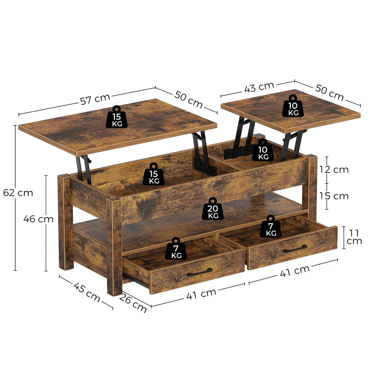 Rolanstar Couchtisch, höhenverstellbar – Dunkelbraun – 100 x 50 x 48 cm – Mit Schubladen, Stauraum
