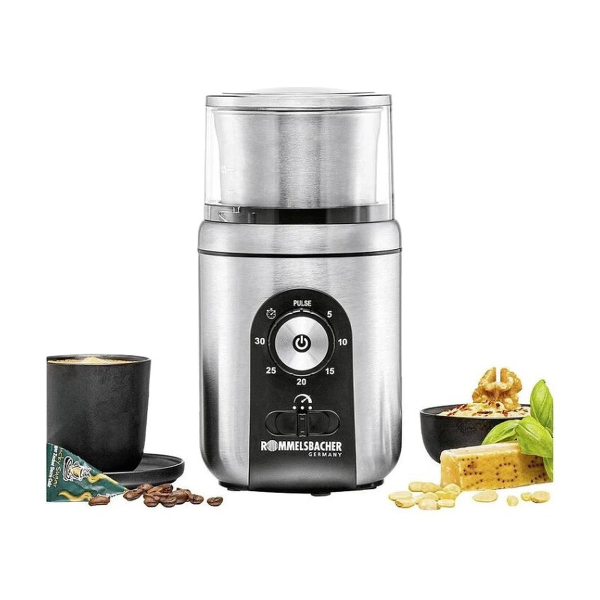 Rommelsbacher Kaffee- und Gewürzmühle EGK 250 – Edelstahl – 200 W – 2 Mahlbecher – Pulsfunktion – 10,5 x 11,5 x 20,2 cm