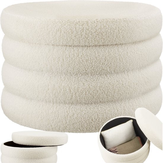 tectake - Fußhocker Altu XL - Bouclé-Sitzhocker mit Ablage - Cremeweiß, Ø 67 x 42 cm - Stabiler MDF-Rahmen - Max. 150 kg