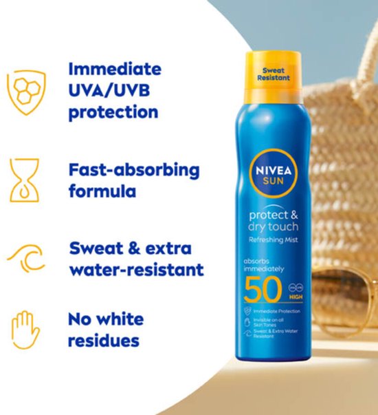 NIVEA SUN Protect & Dry Touch Sonnenspray – LSF 50 – Sport-Sonnenspray – wasserfest – UVA/UVB – 200 ml