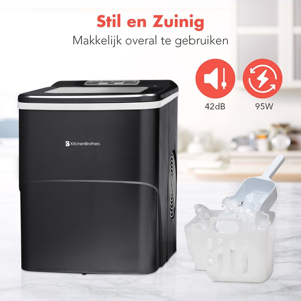 KitchenBrothers Eiswürfelbereiter - 2 Liter - Mit Eisportionierer - Schwarz