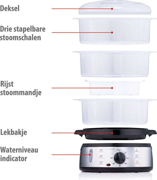 alpina Dampfgarer 9 l – Dampfgarer 800 W – Dampfgarer mit Timer und Warmhaltefunktion – 3-Etagen-Gemüsedampfgarer – Dampfgarer für Gemüse, Reis, Hähnchen, Obst, Fisch und Eier – Edelstahl